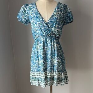 Lulu's Blue Green White Floral Short Sleeve Dress, Cotton, Women’s XS